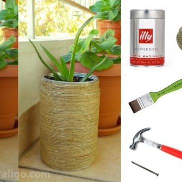 Twine wrapped coffee can flowerpot
